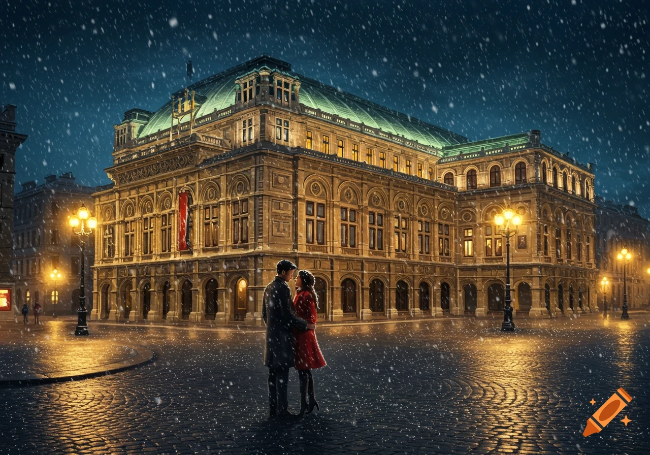 A couple embraces in a snowy street outside a grand, illuminated opera house at night.