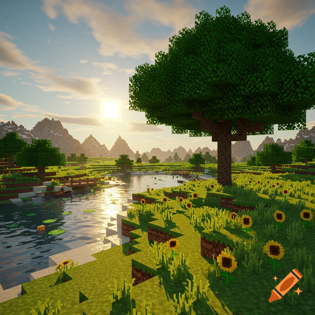 A pixelated Minecraft landscape with a large tree by a lake, surrounded by sunflowers, under a sunset sky with mountains.