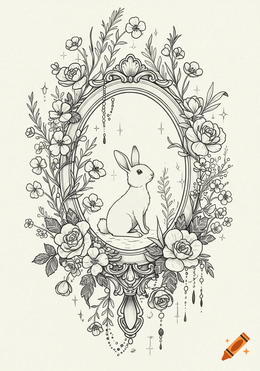 Black and white line drawing of a rabbit in an ornate oval frame, surrounded by whimsical flowers and leaves.