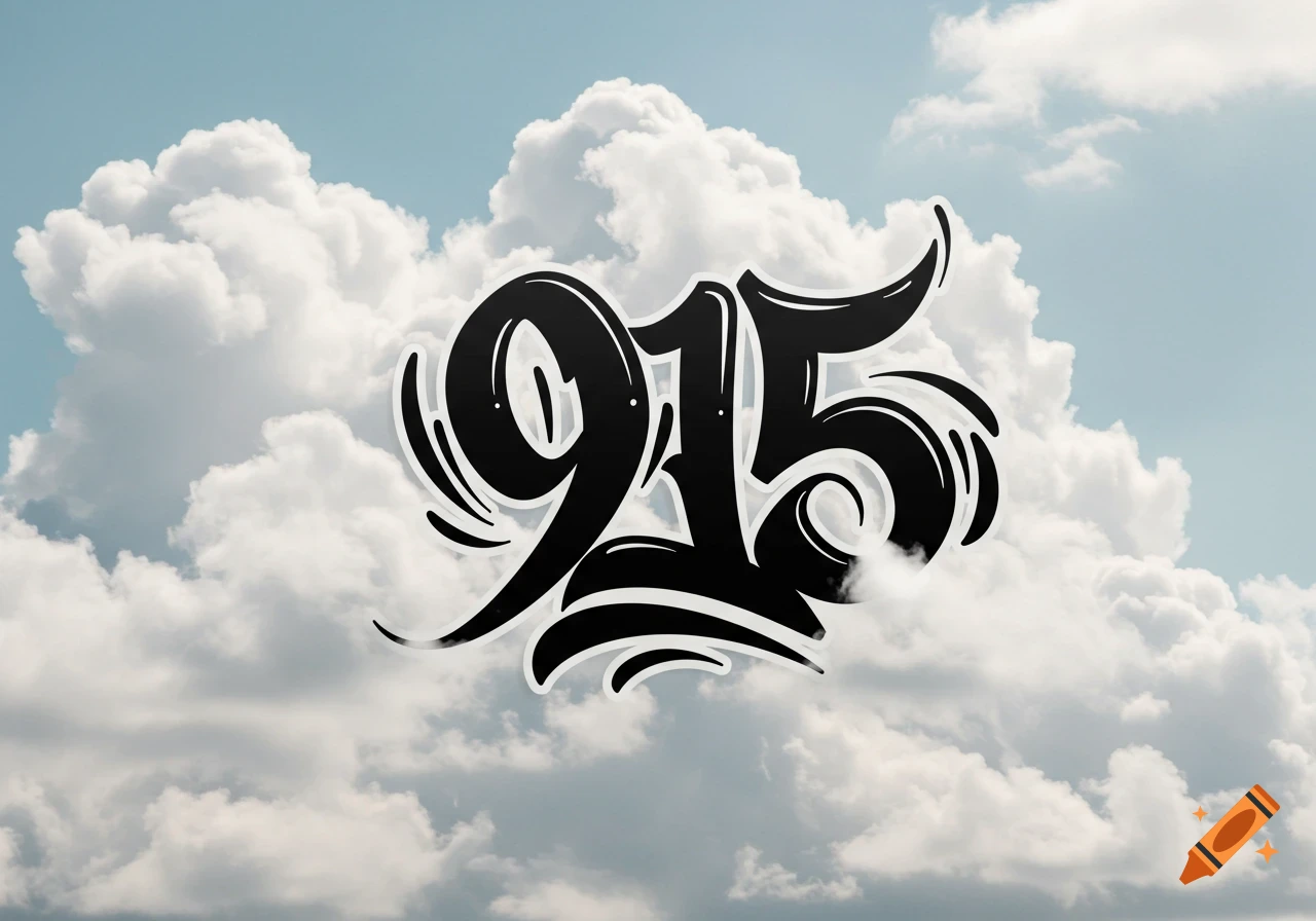 Black graffiti-style numbers '915' with swirling accents, floating against a backdrop of white clouds in a blue sky.