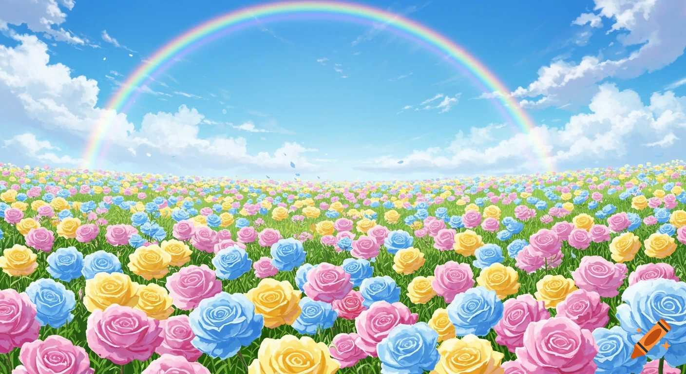 A vibrant field of pastel pink, yellow, and blue roses under a brilliant rainbow arching across a blue sky with white clouds.