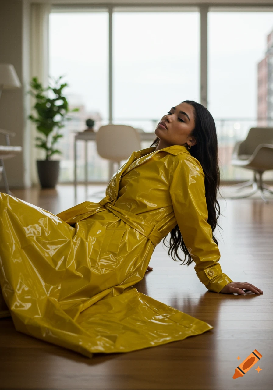 Young woman in a yellow raincoat reclined on a wooden floor in a bright, modern room.
