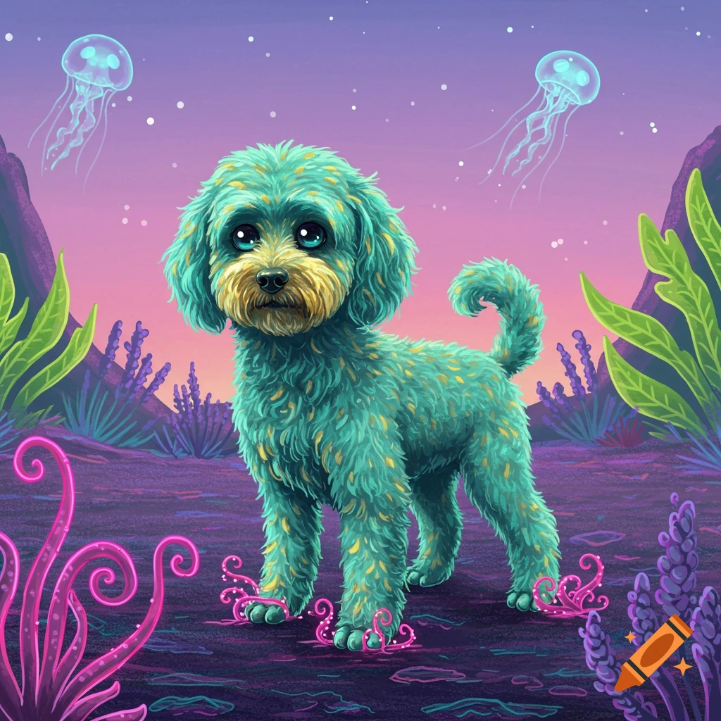 A colorful, teal and gold alien dog with large eyes stands on a purple alien landscape with glowing plants and floating jellyfish.