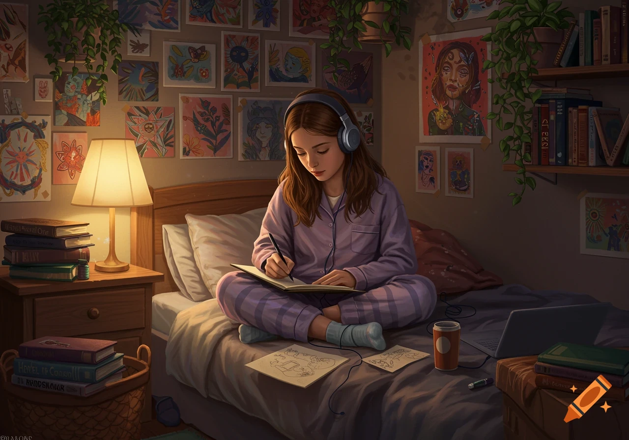 A young girl wearing headphones and pajamas sketches on a notepad while sitting cross-legged on her bed in a cozy, art-filled room with plants and books.
