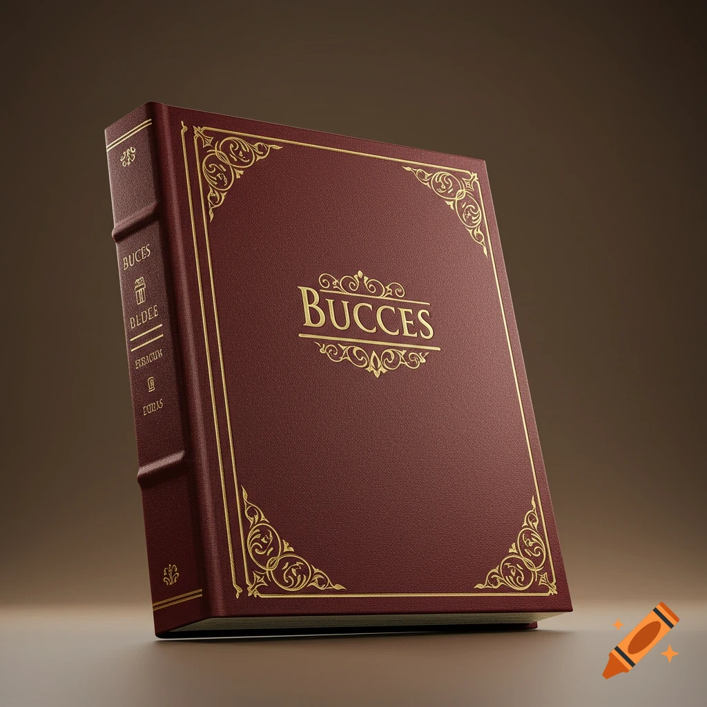 A close-up, photorealistic image of an ornate, reddish-brown book with golden borders and the title "BUCCES" on its cover.