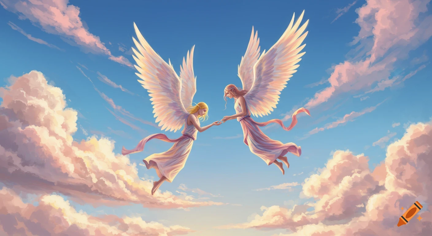 Two angelic figures with large white wings float in a sky filled with pink clouds, holding hands.