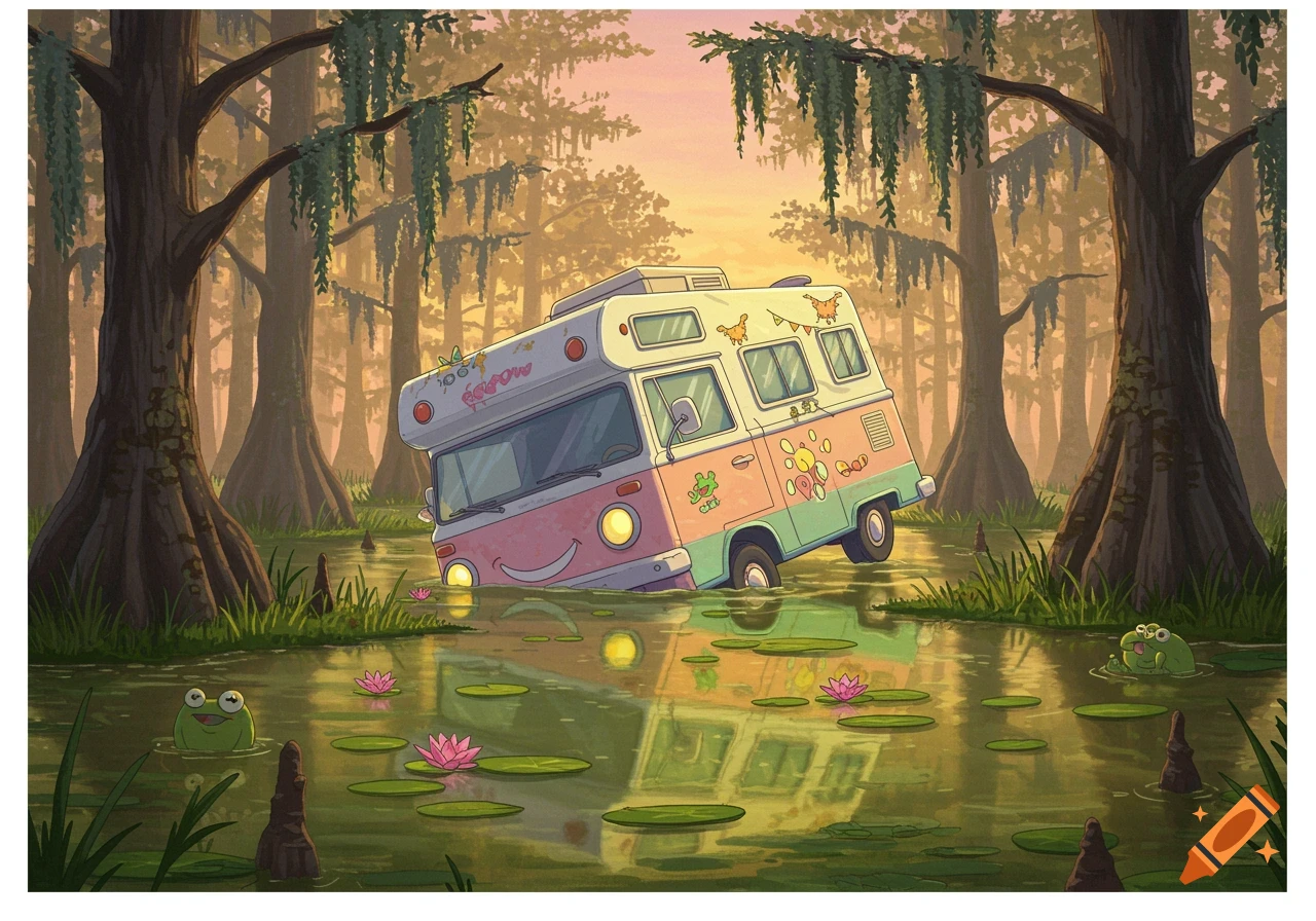 A colorful cartoon campervan is partially submerged in a green swamp filled with lily pads and pink flowers, surrounded by tall cypress trees, with cheerful frogs peeking out of the water.