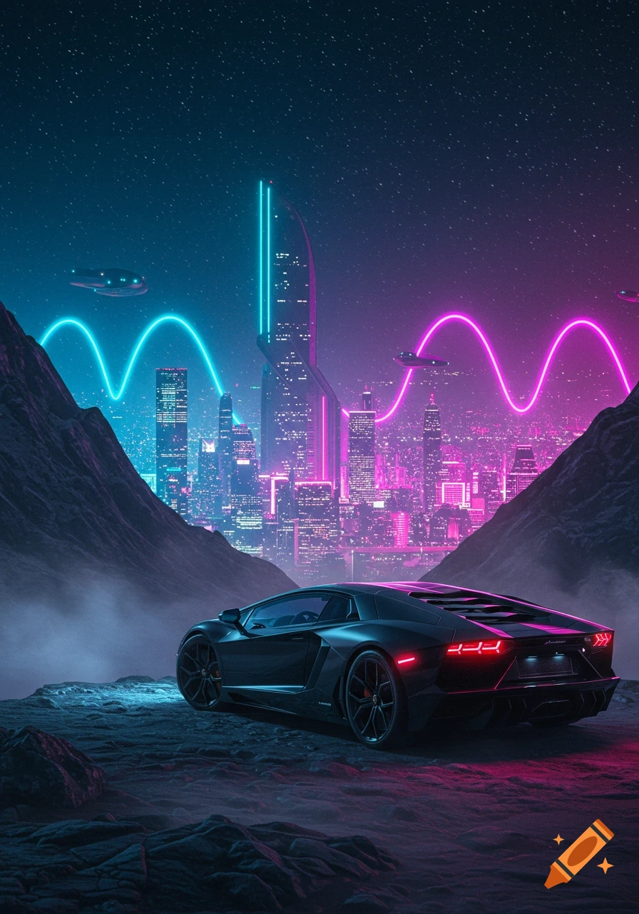 A black Lamborghini Aventador SVJ parked on a rocky mountain, overlooking a futuristic neon city with flying vehicles under a starry night sky.