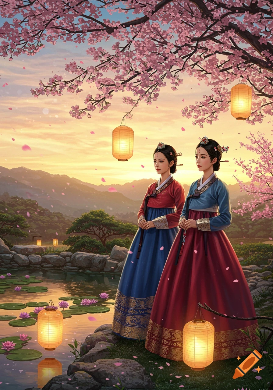 Two women in traditional Korean hanbok dresses stand by a pond under cherry blossoms and lanterns at sunset in a mountainous landscape.