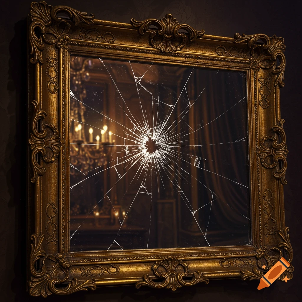 An ornate golden-framed mirror with a starburst crack in the center, reflecting a dimly lit room with a chandelier.