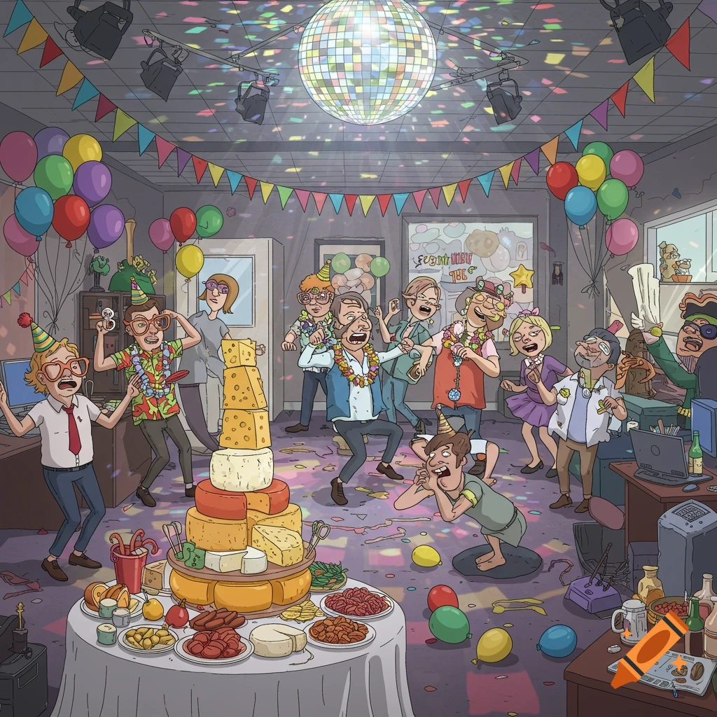 A lively cartoon office party with people dancing, a large cheese cake, and balloons under a disco ball.