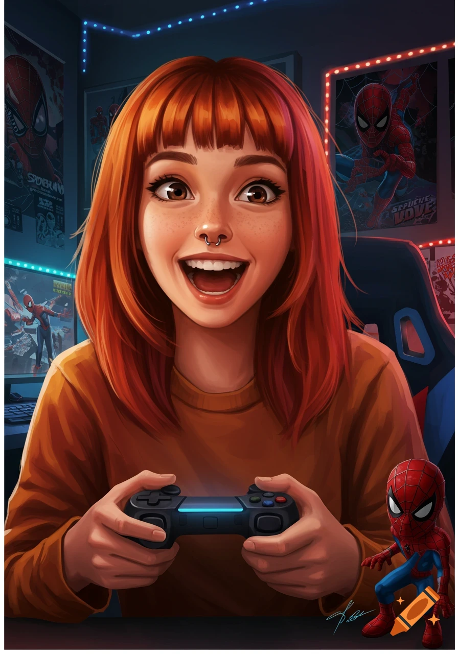 A vibrant illustration of a red-haired girl with a nose piercing, enthusiastically playing video games in a room decorated with Spider-Man posters.