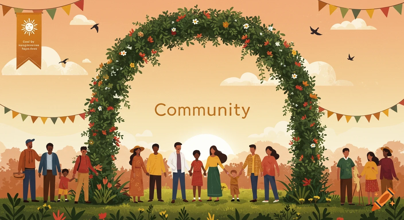 An illustration depicts a diverse group of people, including adults and children, standing under a floral archway, with the word "Community" centered above them. Banners and birds are in the sky, and a large sun symbol is on a banner in the top left.