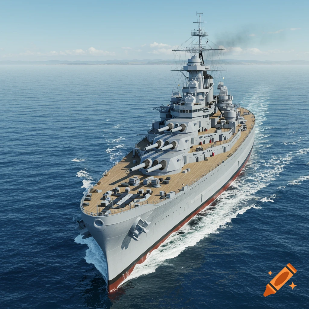 A photorealistic rendering of a large grey battleship with multiple gun turrets cruising on a blue ocean under a clear sky.