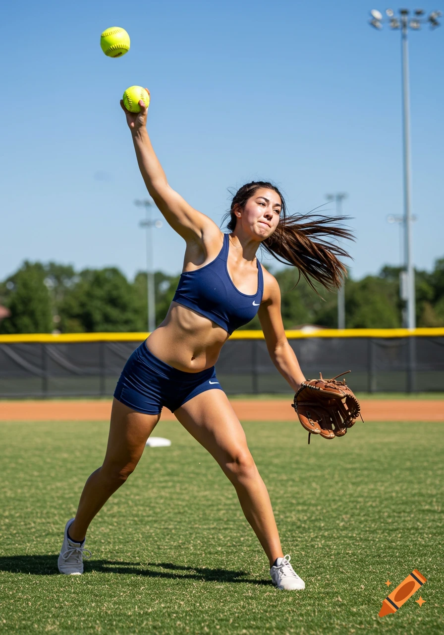 A brunette girl in a blue sports bra and shorts throws a softball on a sunny field.