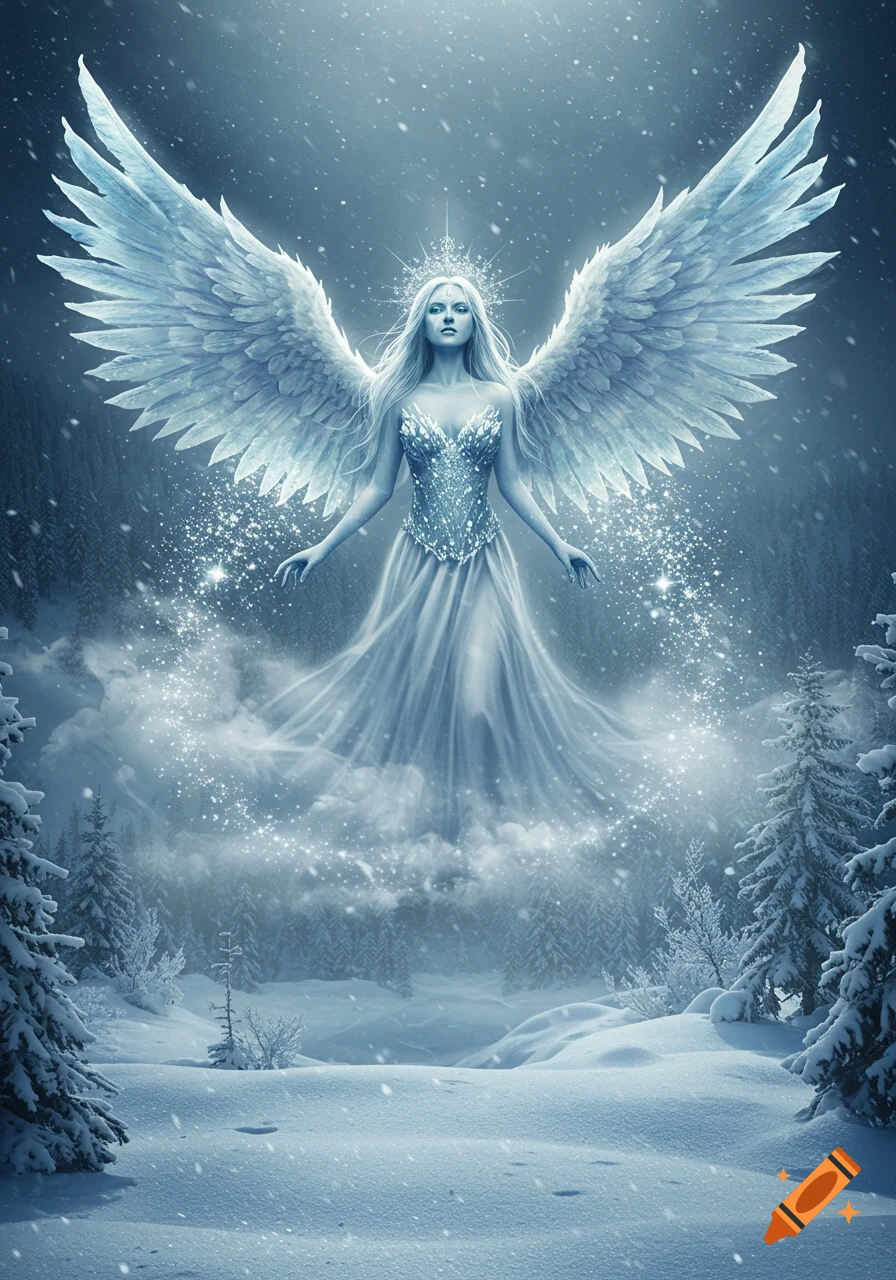 An ethereal ice angel with large white wings and a sparkling dress floats in a snowy winter forest.