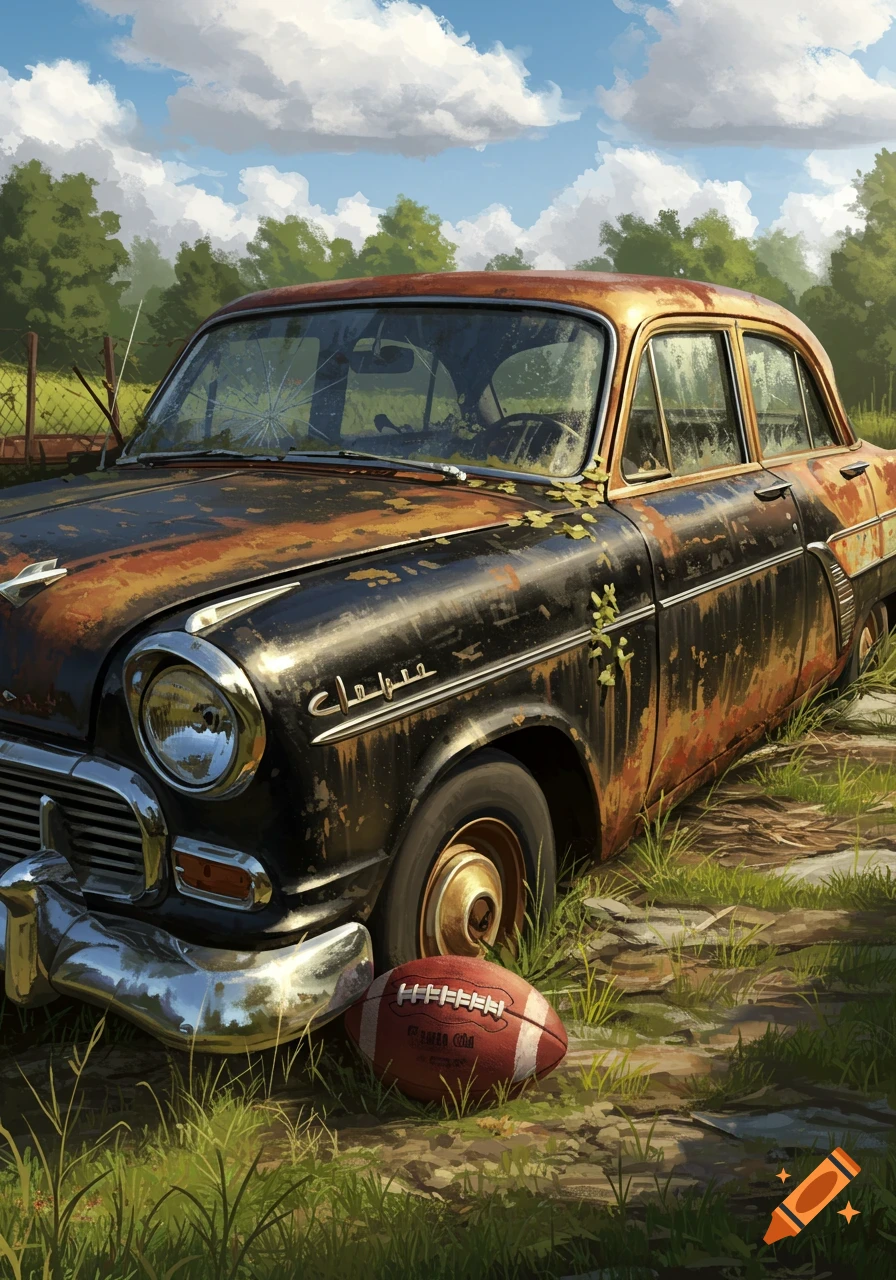 A rusty black and gold vintage car parked in tall grass with a brown football in front of its bumper.