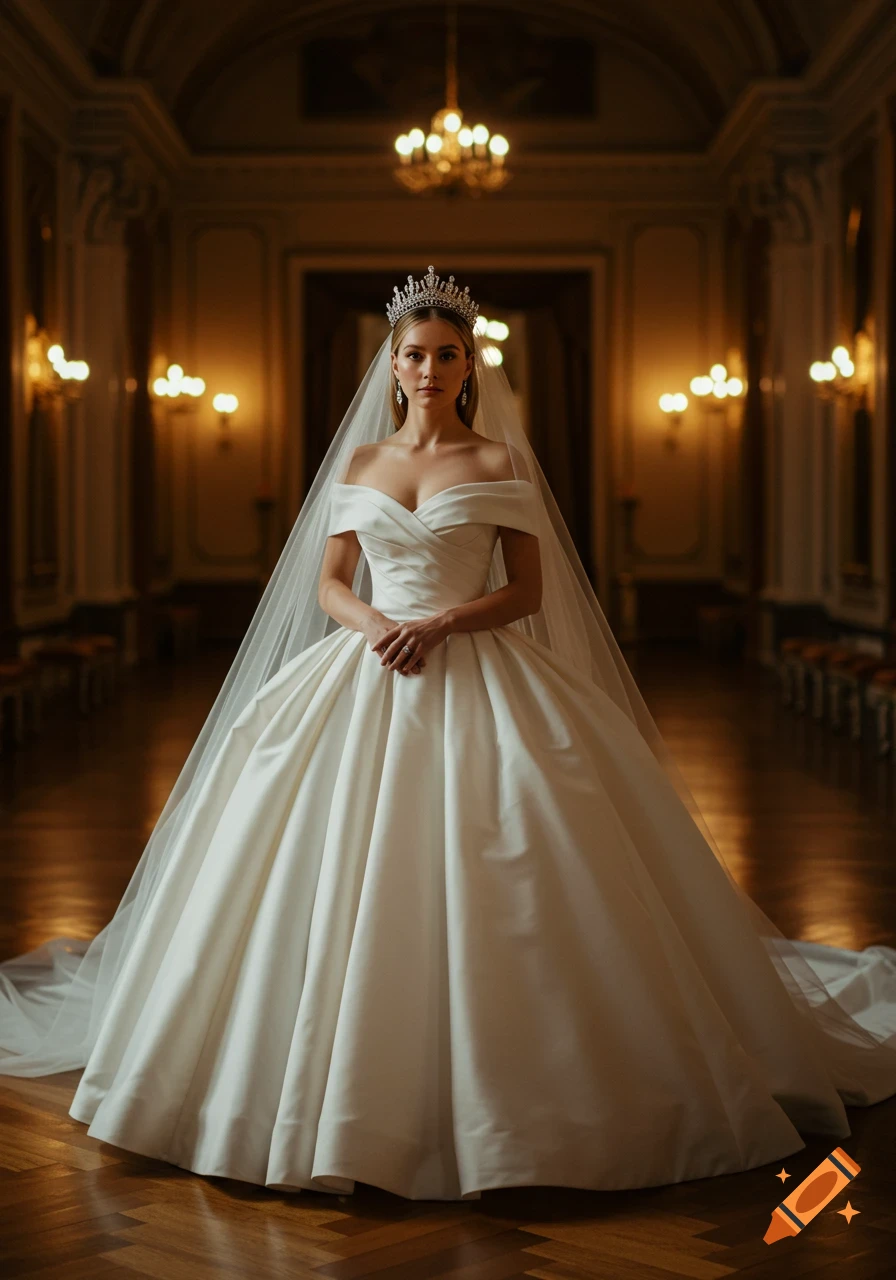 A beautiful woman in a white off-the-shoulder ball gown wedding dress, tiara, and veil stands in a grand hall.