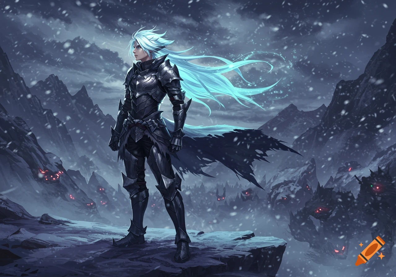Male character in dark armor with long glowing blue hair stands on a snowy mountain. Red-eyed figures lurk in the background. Fantasy anime art style.