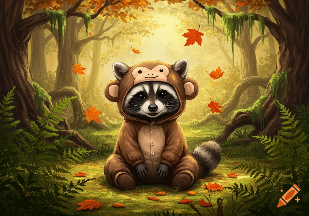 A cute raccoon wearing a brown monkey costume sits in an autumn forest with falling orange leaves, digital illustration.
