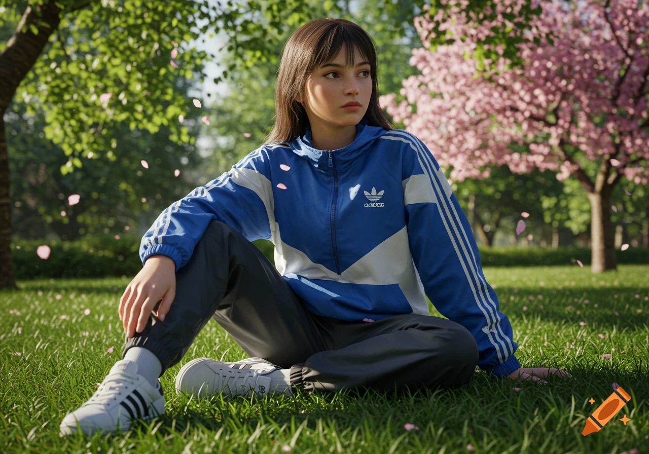A young woman wearing a blue and white Adidas windbreaker and dark pants sits on green grass in a park with cherry blossom trees.