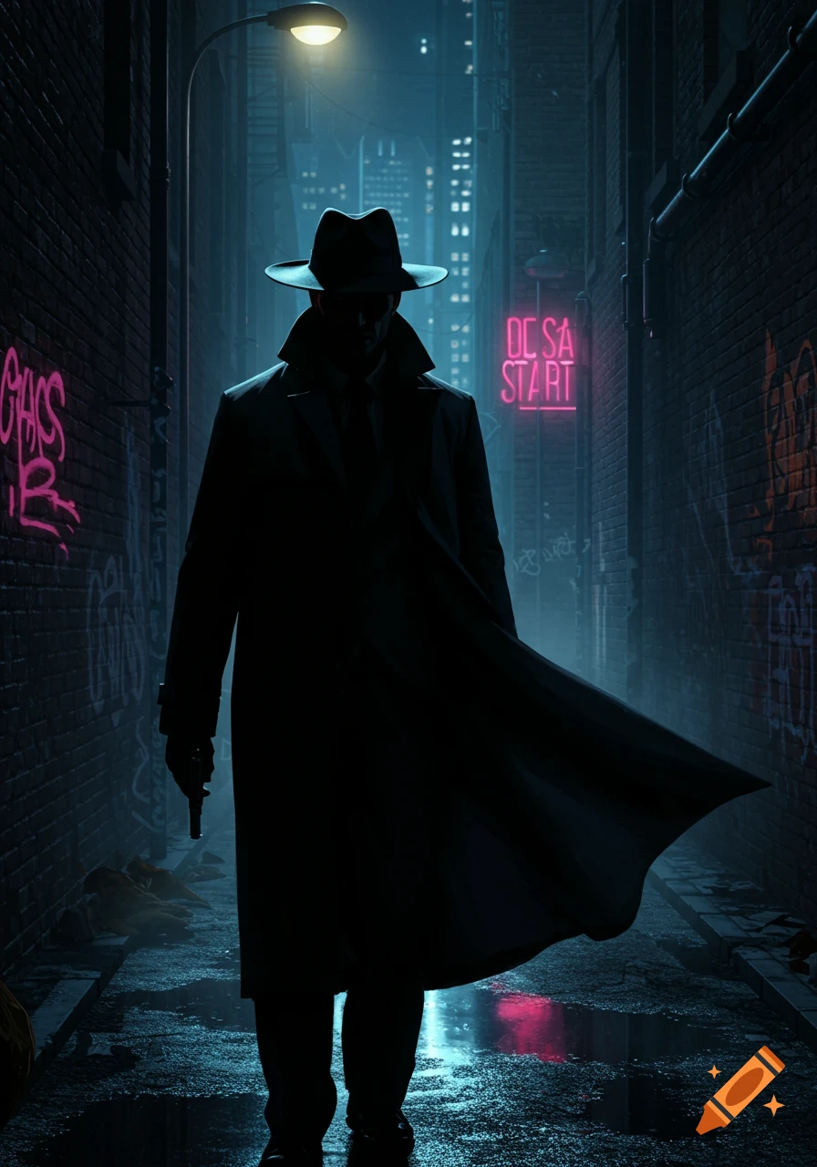 A silhouetted man in a trench coat and fedora stands in a dark, rainy alley, holding a handgun. Neon signs and graffiti illuminate the brick walls with purple and pink light.