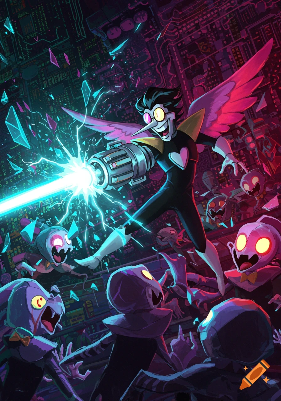 Spamton NEO, a cartoon character with a long nose, heart emblem, and pink wings, fires a bright blue laser at a group of small, round creatures in a dark, neon-lit digital environment.