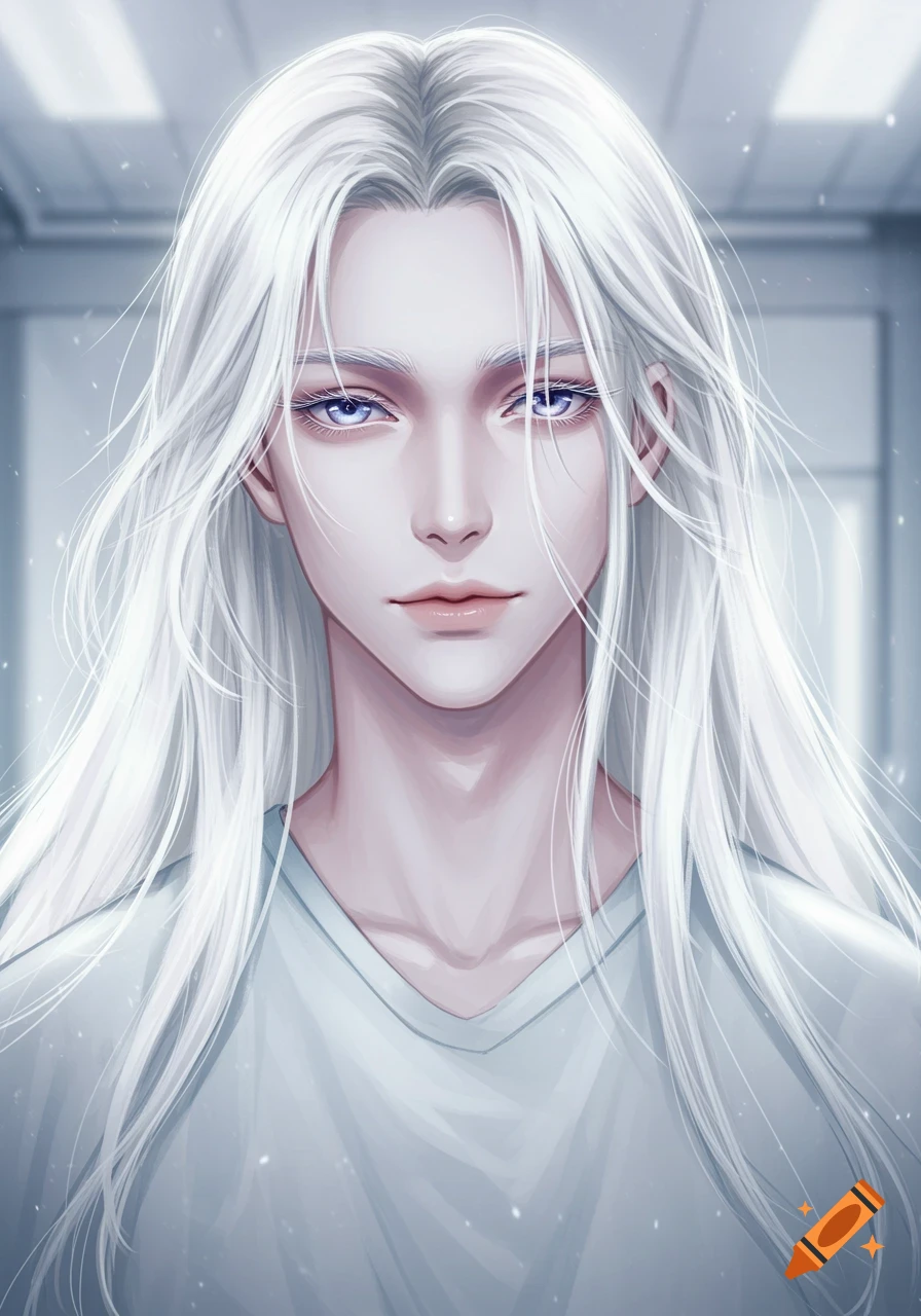 Anime-style portrait of a male character with long white hair, pale skin, and blue-violet eyes, wearing a light gray shirt.