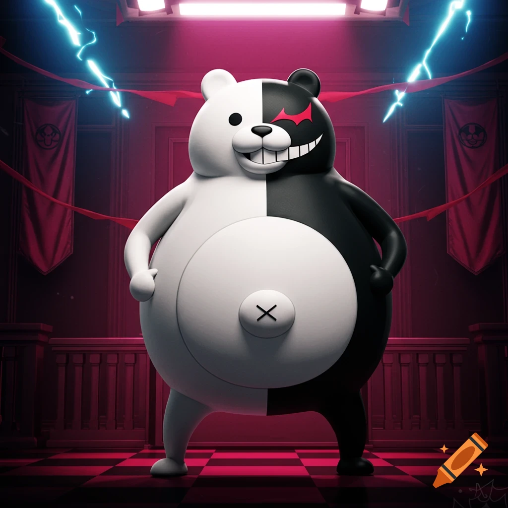 Monokuma, a black and white bear character with a large belly, stands in a dark red room with blue lightning.