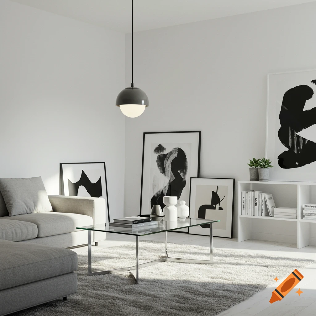 A modern living room with a gray sectional sofa, glass coffee table, abstract art, and white shelving.