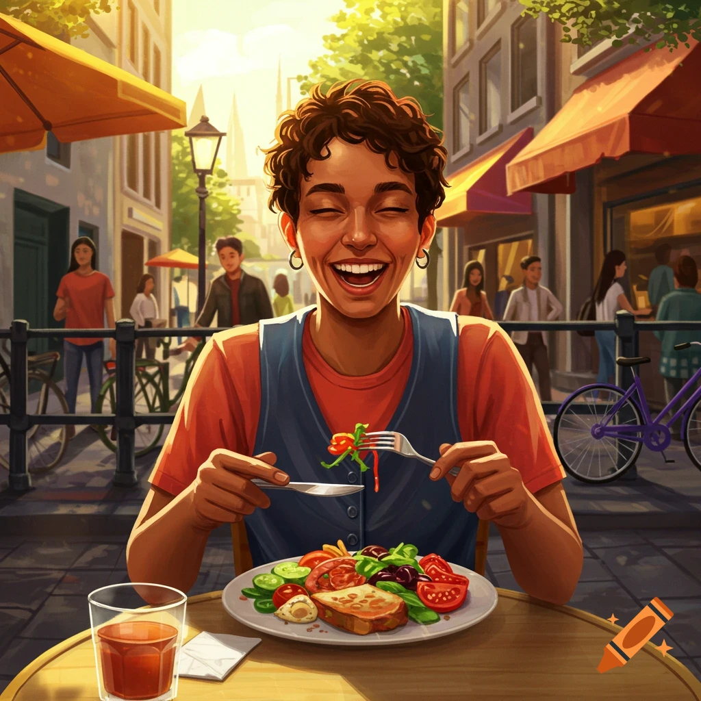 A happy person with short curly hair laughs while eating a meal at an outdoor cafe table on a sunny city street. Vibrant illustration.