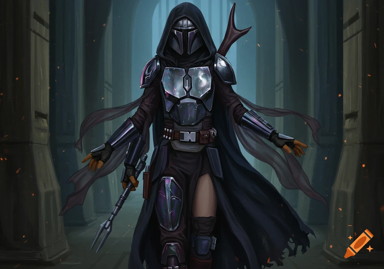 A female Mandalorian warrior stands in a dimly lit hall, wearing dark, hooded cloak and iridescent violet and black dragon-scale armor, holding a spear.
