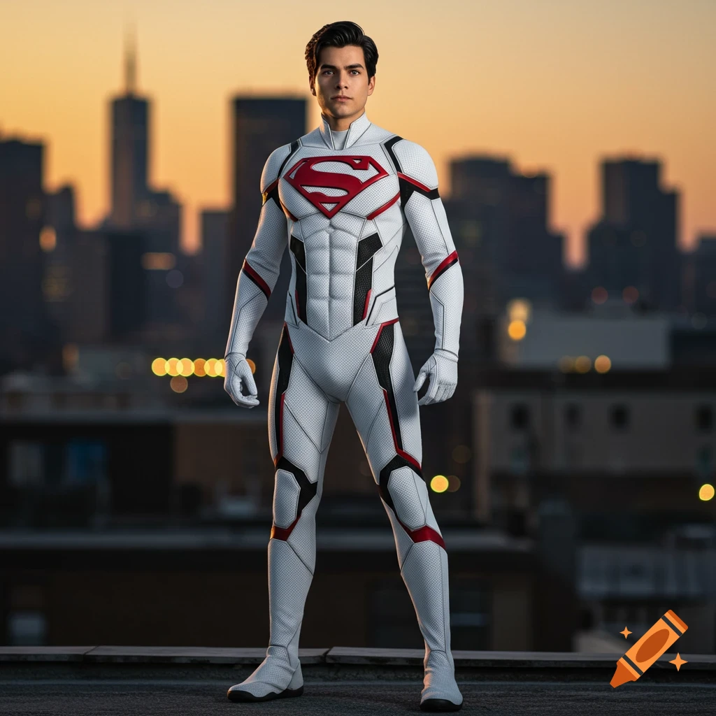 A young man in a white and red superhero suit with an S symbol on the chest stands on a rooftop overlooking a city skyline at sunset.