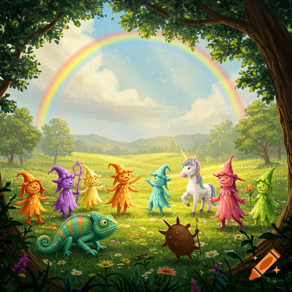 Whimsical illustration of colorful gnome-like creatures, a unicorn, chameleon, and beetle in a sunny field under a vibrant rainbow.