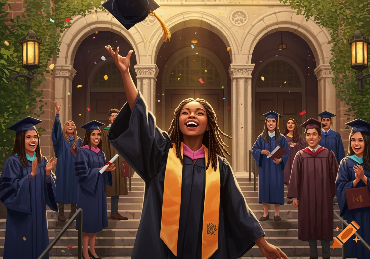 A diverse group of happy college graduates in caps and gowns celebrating in front of a university building with confetti falling.