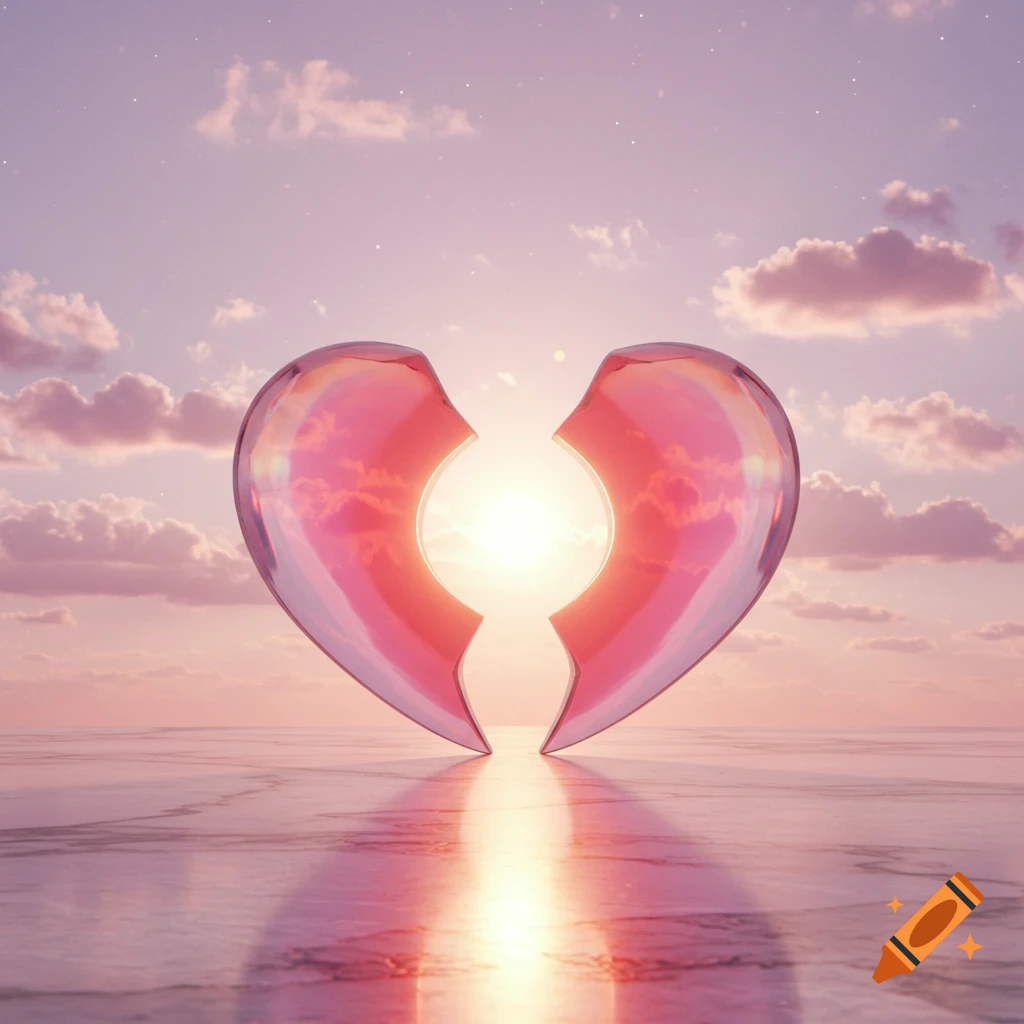 Two halves of a glowing pink heart stand on a reflective surface under a vibrant pink and purple sunset sky.