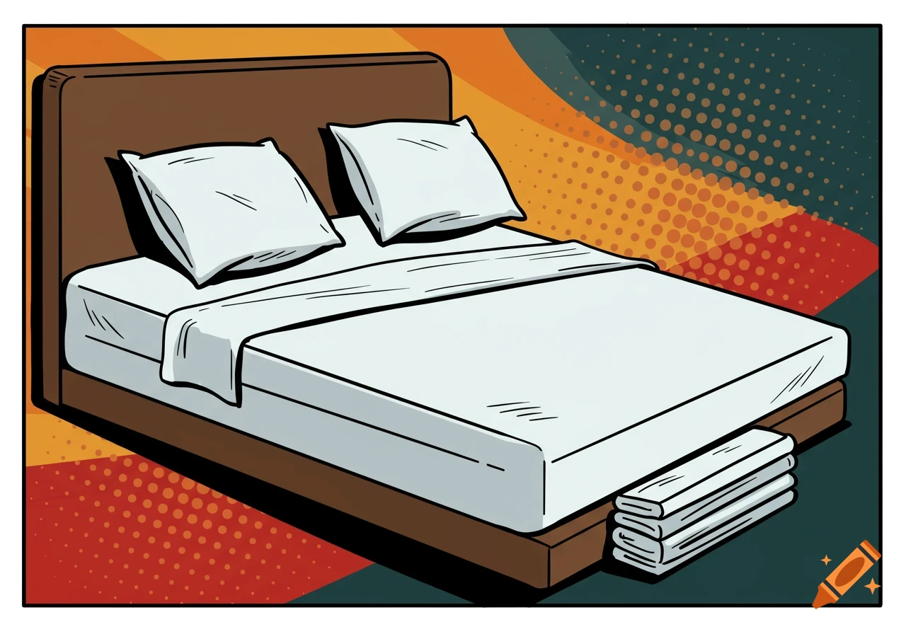 A comic book style illustration of a bed with two white pillows, white sheets, and a stack of neatly folded white towels.
