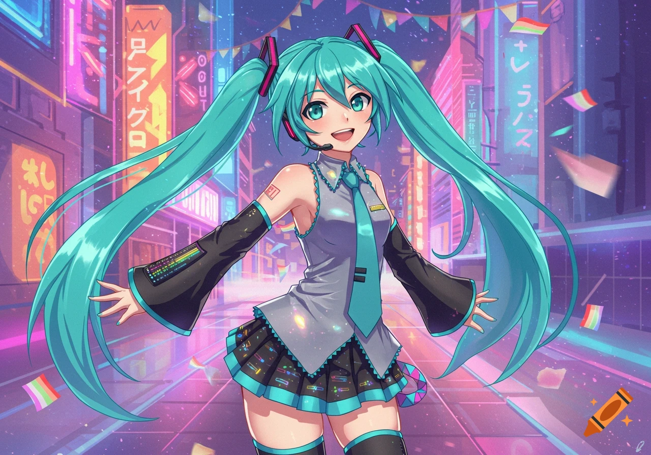 An illustration of Hatsune Miku in her signature outfit smiling, with bright turquoise pigtails, standing in a vibrant neon-lit city street at night.