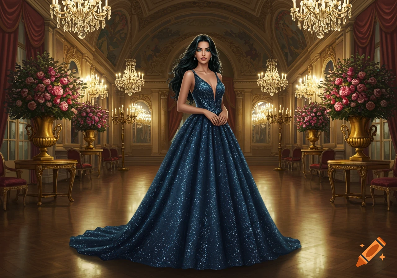 A woman in a sparkling blue gown stands in a grand, opulent hall with chandeliers and floral arrangements.