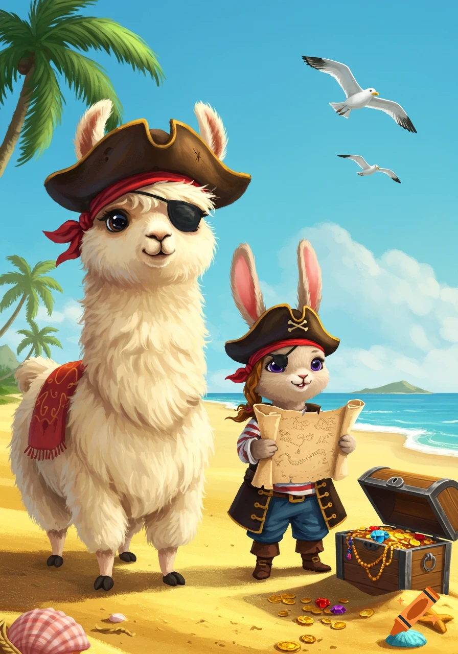 Cute cartoon llama and rabbit dressed as pirates on a sandy beach with a treasure chest.