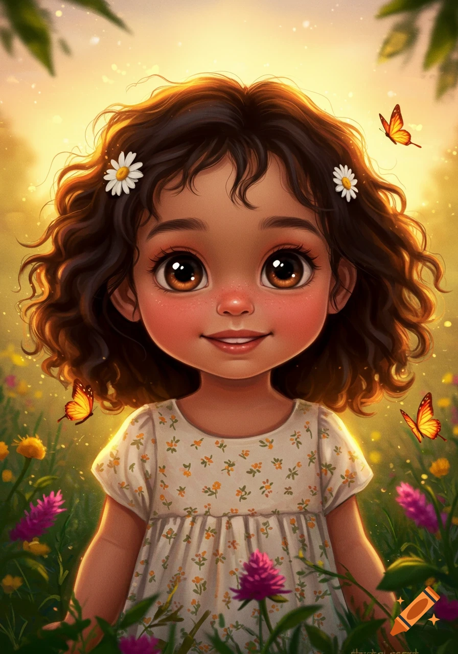 A cute cartoon girl with curly brown hair smiles in a sunlit field of colorful flowers with butterflies, in a whimsical illustration.