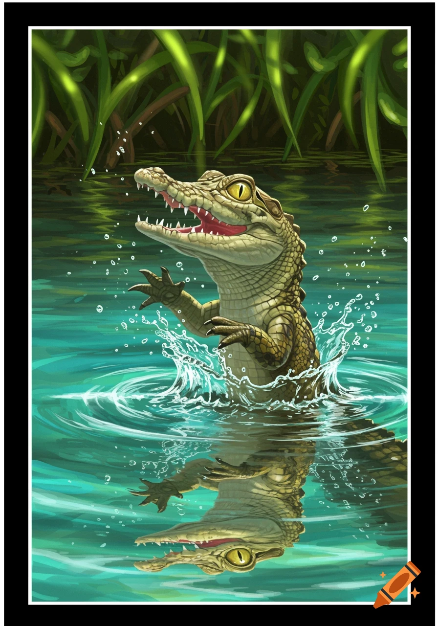 A stylized illustration of a baby crocodile splashing in green water, surrounded by tall green reeds.