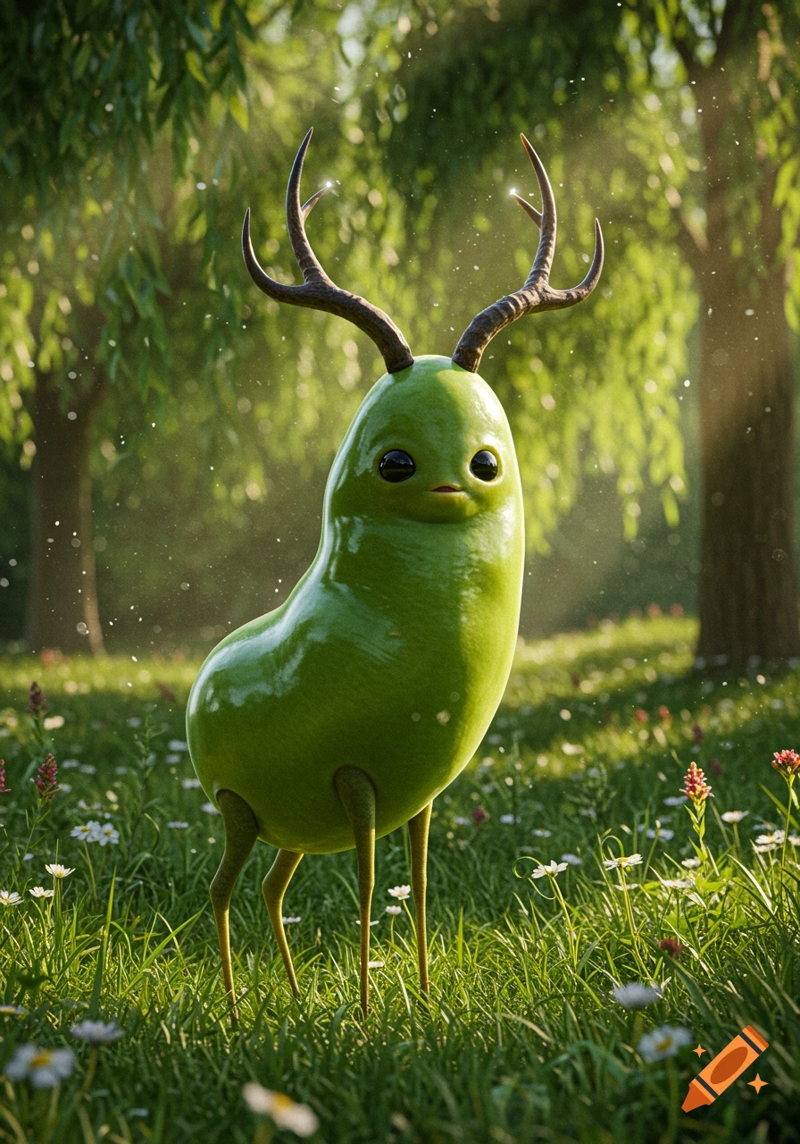 A cute green creature with a bean-shaped body and small antlers stands in a sunlit forest clearing among wildflowers.