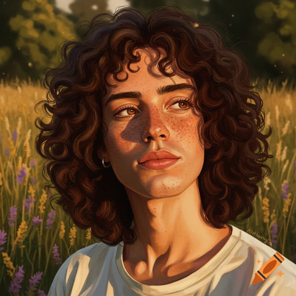 A close-up portrait of a person with curly brown hair and freckles, bathed in warm sunlight in a field of wildflowers.