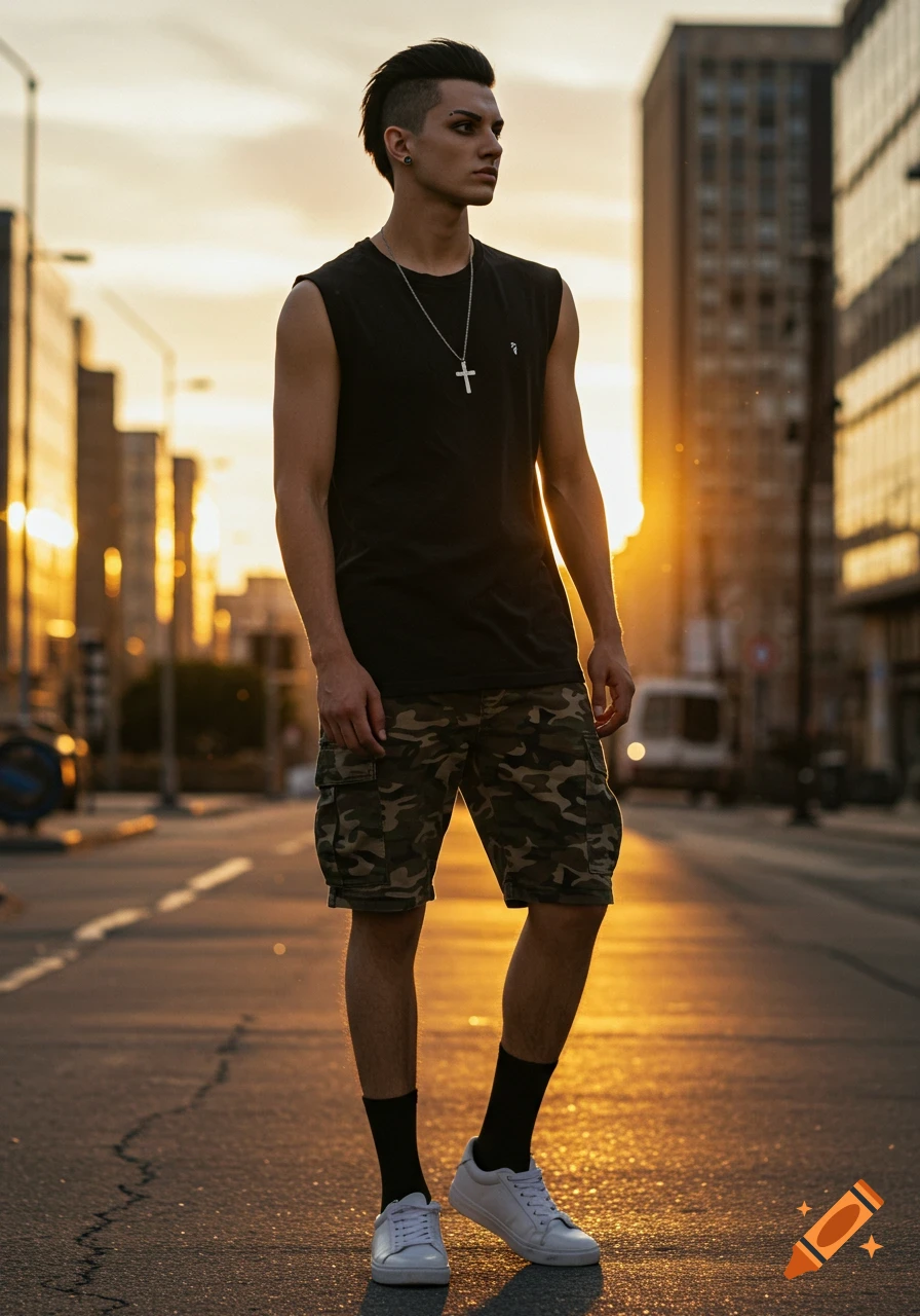 Young man in black sleeveless shirt, camo shorts, and white sneakers, with a cross necklace, side-shaved hair, and an eyebrow piercing, stands on an urban street at sunset.