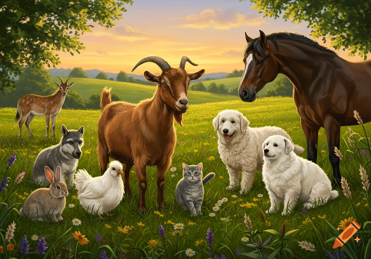 Illustrative image of a goat, horse, dogs, cat, rabbit, chicken, and deer in a green field with wildflowers at sunset.