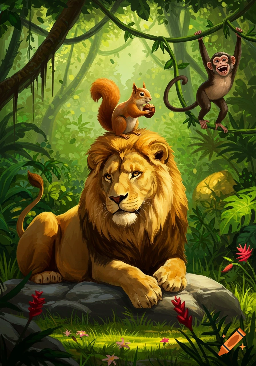 A cartoon illustration of a lion with a squirrel on its head, and a monkey swinging from a vine in a lush jungle.