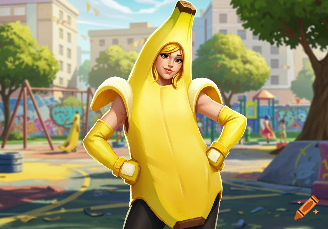 A cheerful character in a yellow banana costume, resembling Peely from Fortnite, poses playfully in a cartoon playground.