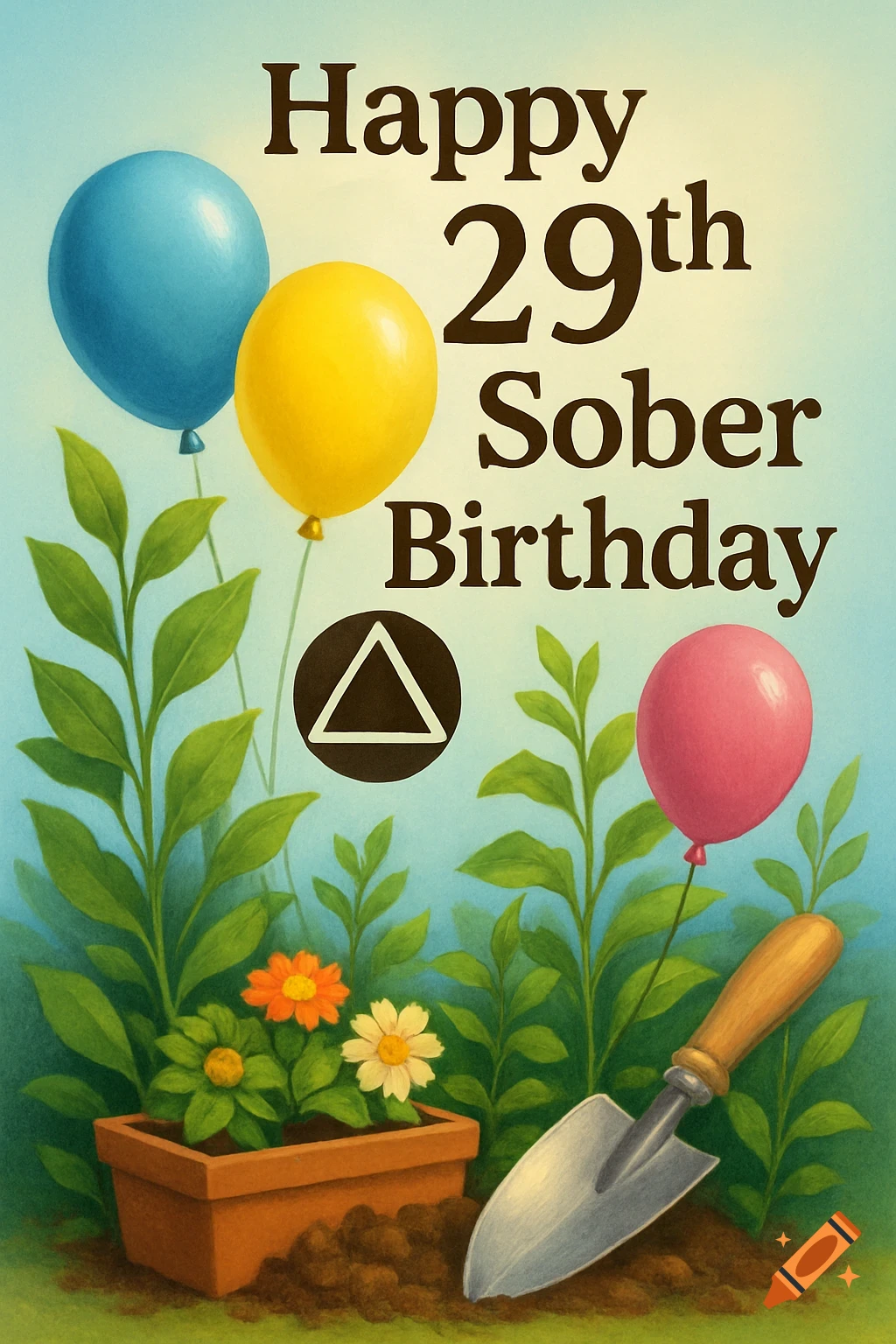 A Happy 29th Sober Birthday card with balloons, gardening plants, flowers, a trowel, and the AA symbol.