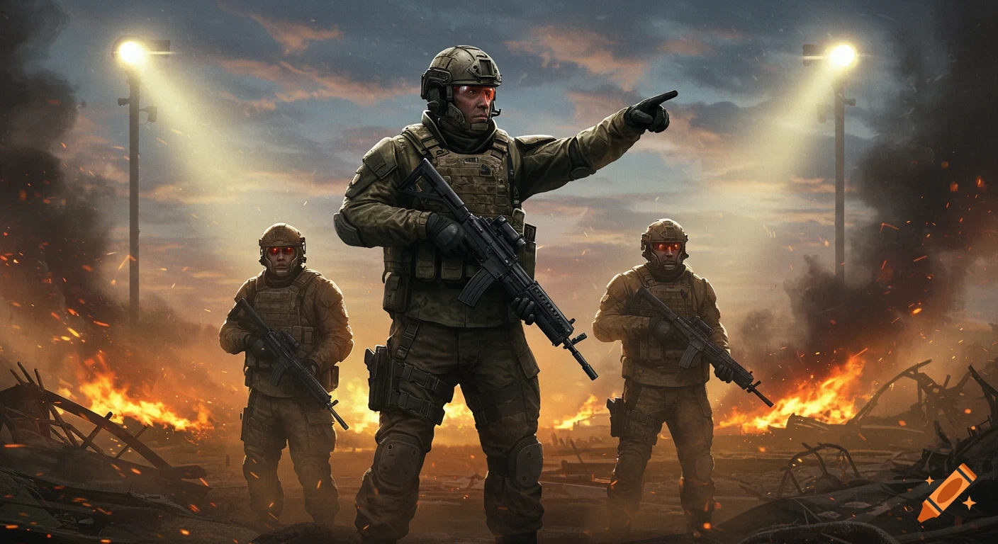 Three soldiers in tactical gear stand on a burning battlefield under a dramatic sky, with one soldier pointing forward.